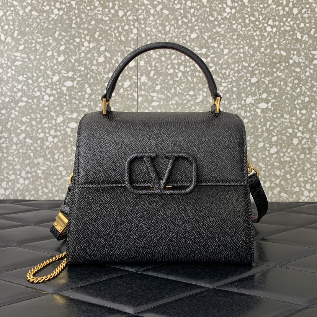 Valentino Garavani Vsling Small Handbag in Black Grainy Calfskin 